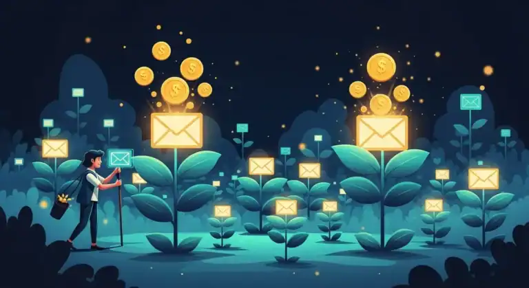 Email marketing financial growth: Letters as plants yield coins. Man harvesting in garden.